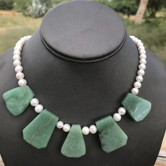 Genuine Natural Jade Nephrite Pearl Cleopatra Necklace Sterling Silver 925